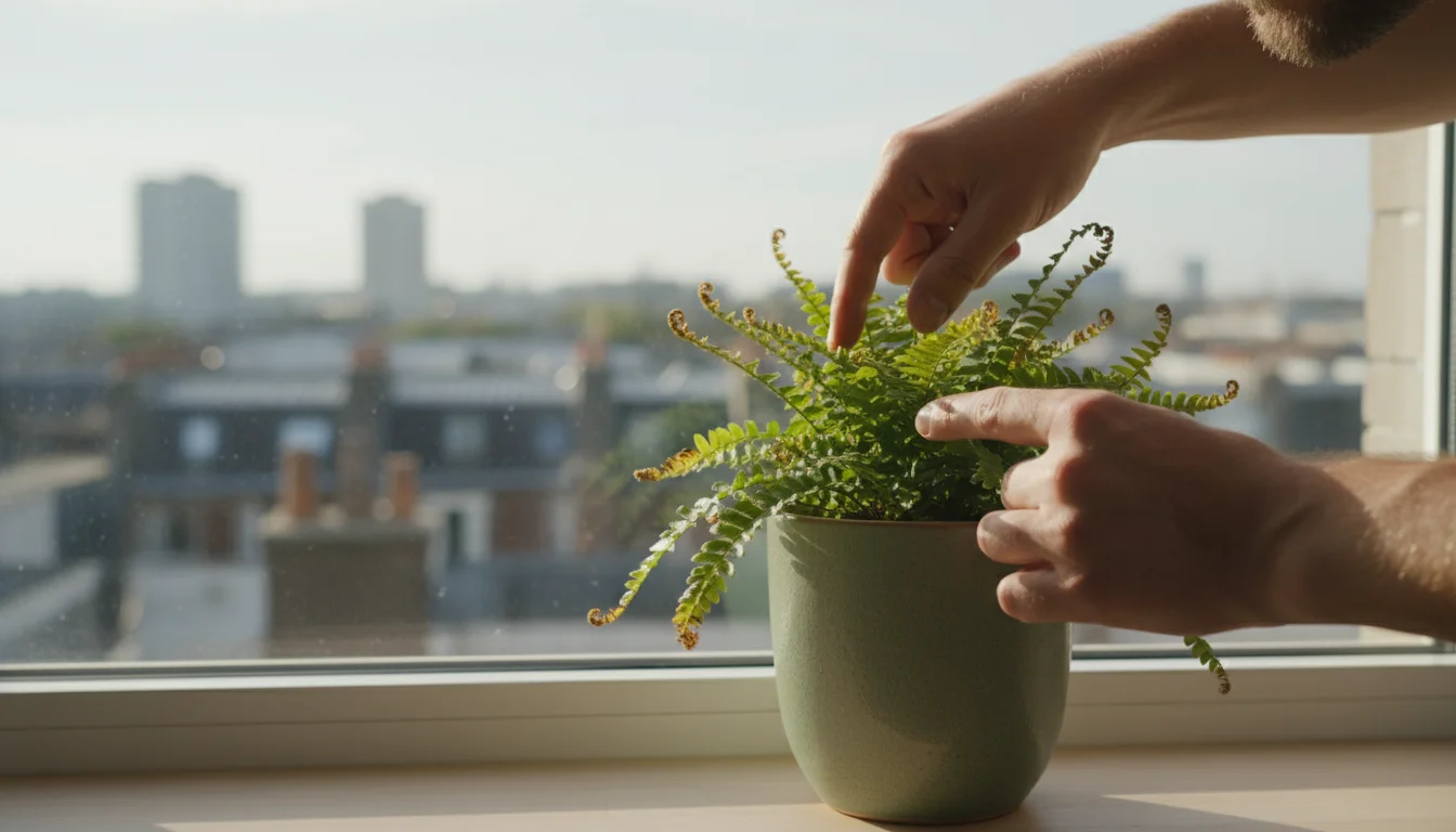 A person's hands gently inspect a Boston fern with slightly brown frond tips in a ceramic pot on an urban windowsill, checking for winter issues.