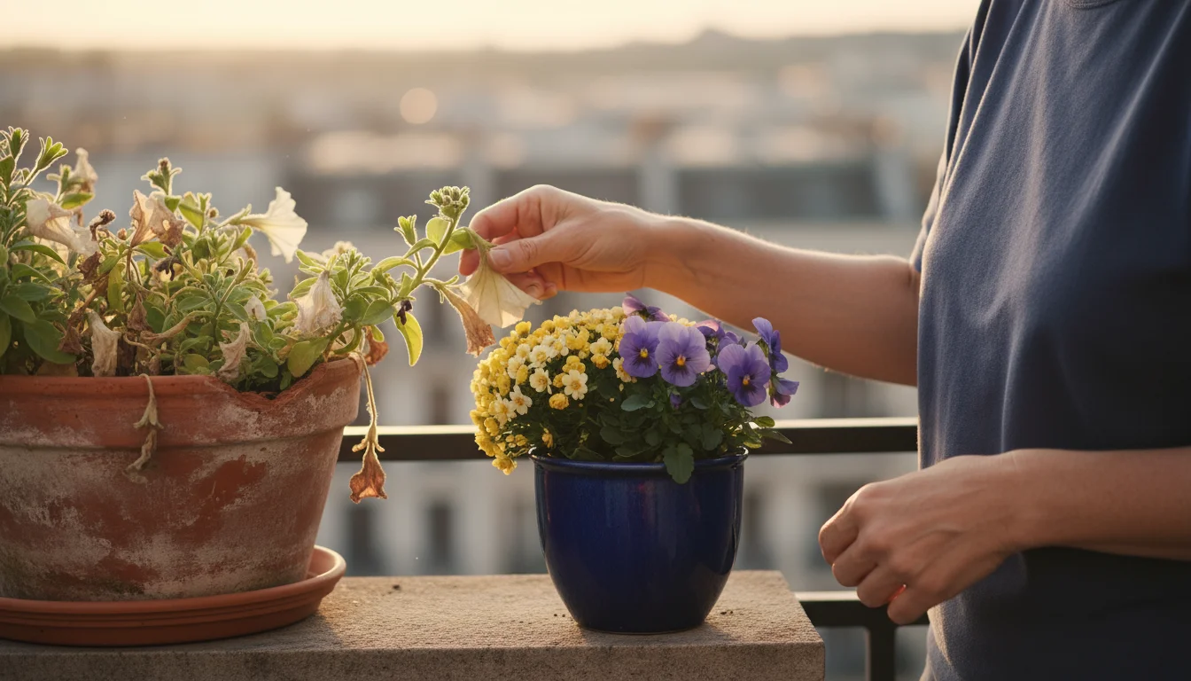A person's hands gently inspect a browning petunia in a terracotta pot on a balcony, next to a fresh pot of vibrant purple pansies.