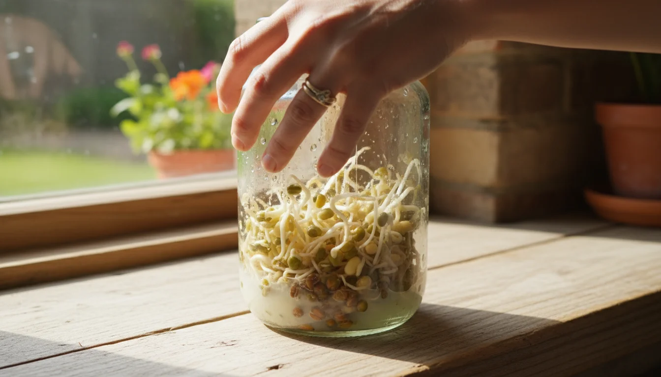 Person's hands gently inspect a glass mason jar of sprouting lentils on a sunlit wooden windowsill, revealing some unsprouted seeds.