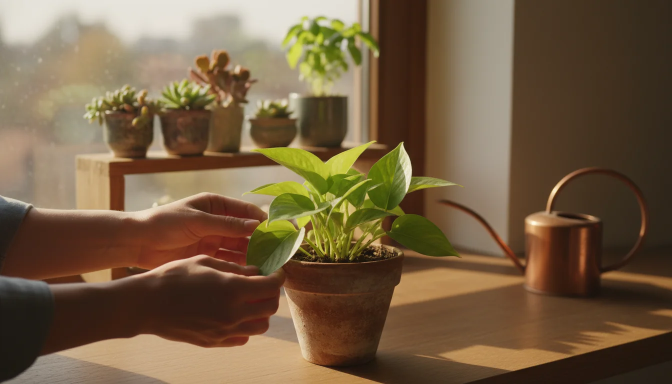 A person's hands gently inspect the leaves of a Pothos plant in a terracotta pot on a sunlit windowsill, with other blurred plants in the background.