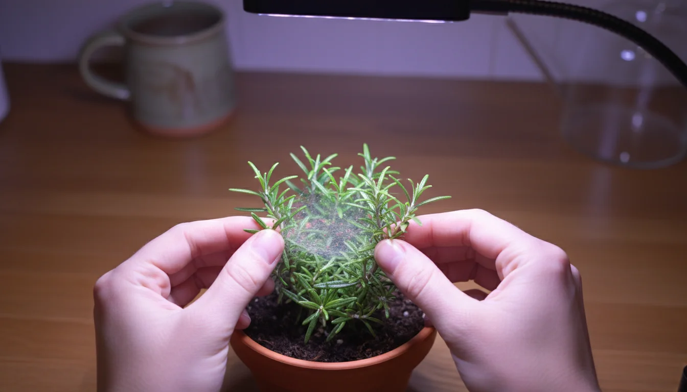 A person's hands gently inspect the leaves of a potted rosemary plant, illuminated by a small clip-on LED grow light on a kitchen counter.