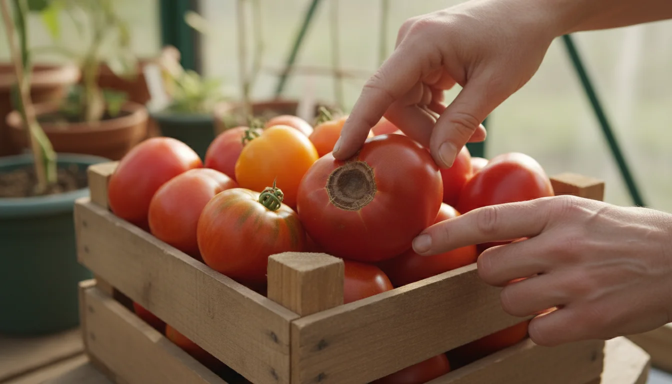A person's hands inspect ripe red and orange heirloom tomatoes in a rustic wooden crate; one tomato has a dark soft spot.
