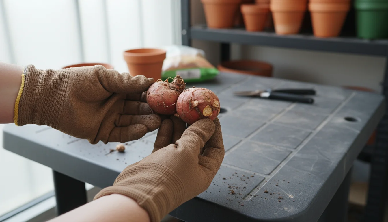 A person's hands gently inspect a slightly shriveled dahlia tuber on a utility table, troubleshooting storage problems in a small potting area.
