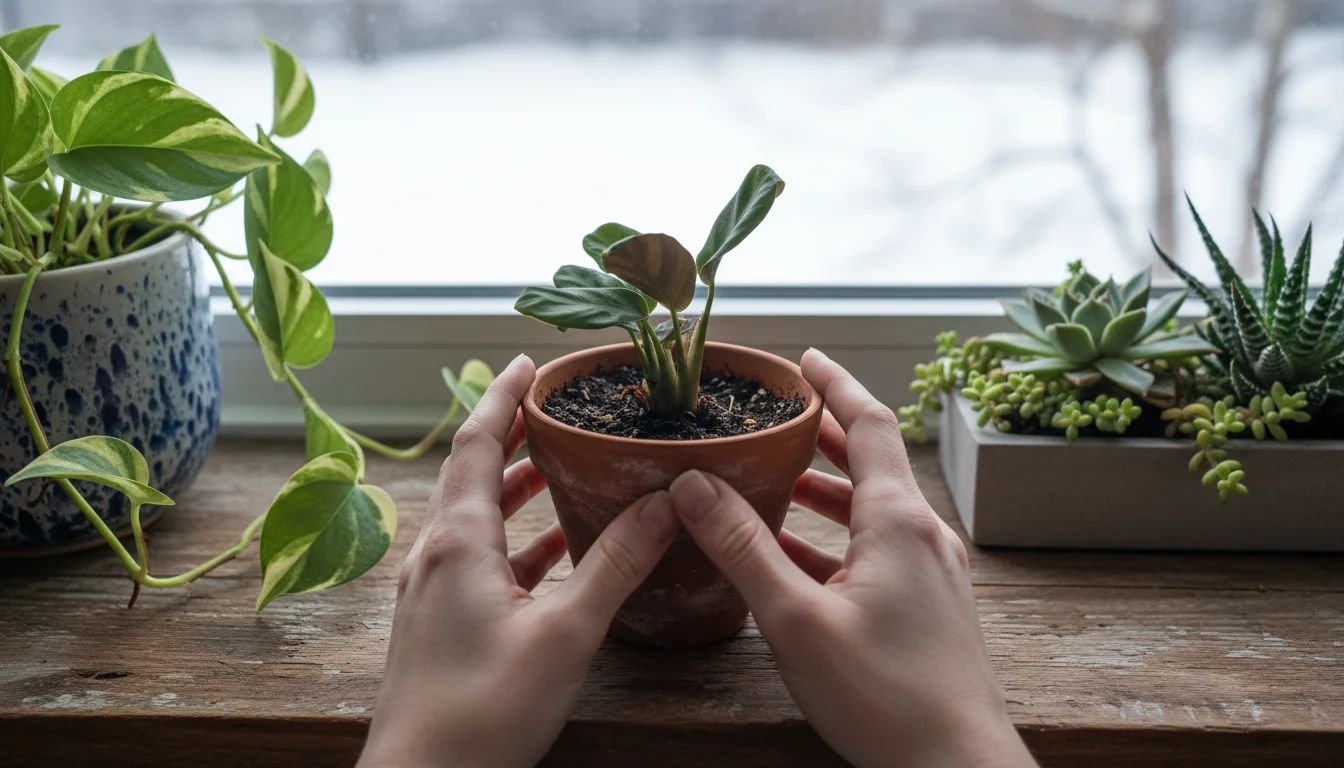 A person's hands inspect a small terracotta pot with a houseplant on a wooden windowsill, surrounded by other plants.