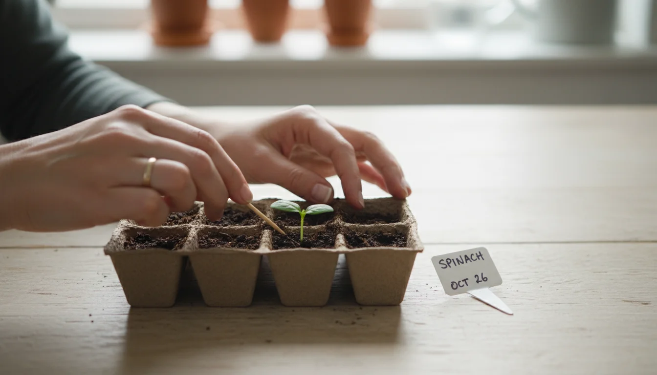 Person's hands gently inspect tiny spinach seedlings in a seed tray on a kitchen table, near a handwritten plant marker.