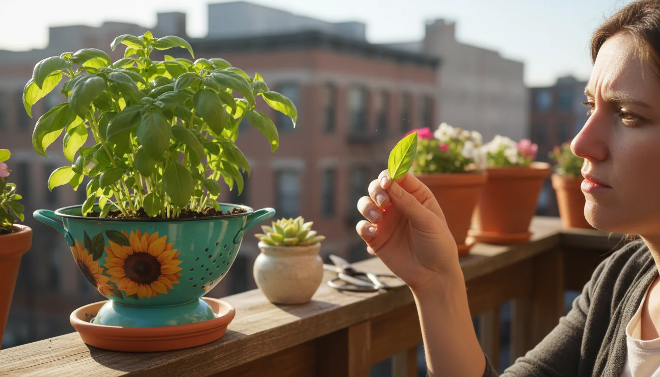 A person's hands gently inspect the underside of a basil leaf in an upcycled colander planter on a bright urban balcony.