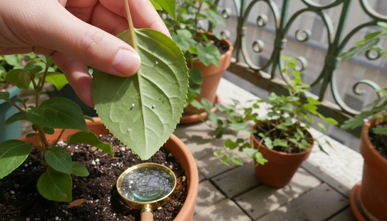 A person's hands inspect the underside of a green fuchsia leaf on a balcony, revealing tiny whiteflies. A magnifying glass rests nearby.
