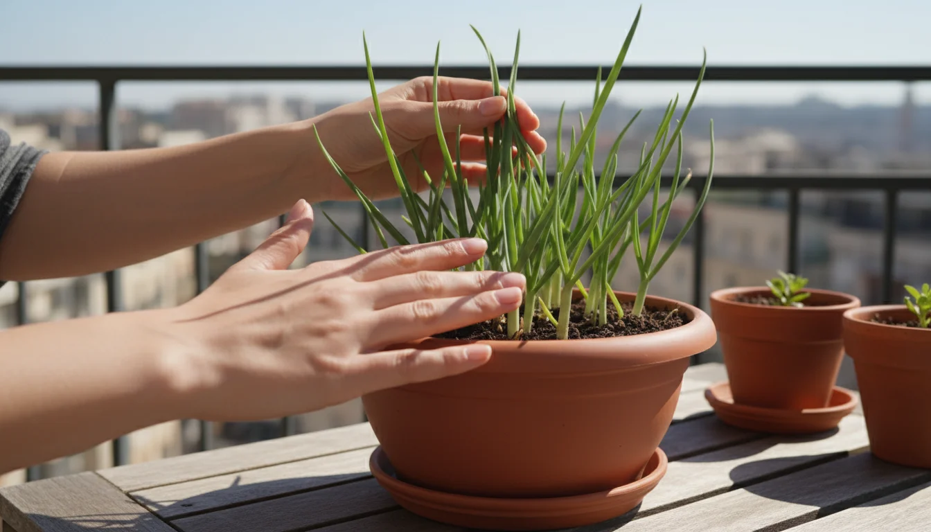 A person's hands gently inspect vibrant green garlic shoots in a terracotta pot on a sunny balcony table, for troubleshooting.