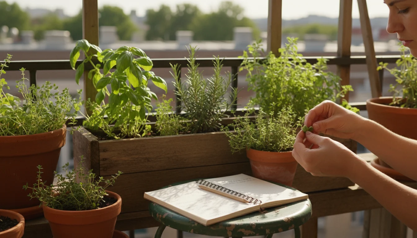 Person's hands gently inspecting a basil plant on a sun-dappled urban balcony, surrounded by thriving potted herbs and a garden notebook.