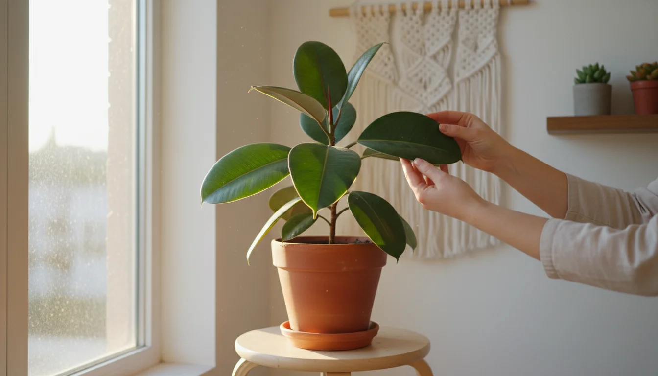 Person's hands gently inspecting a glossy leaf of a potted Rubber Plant in a sunlit, stylish apartment corner, with a mister bottle nearby.