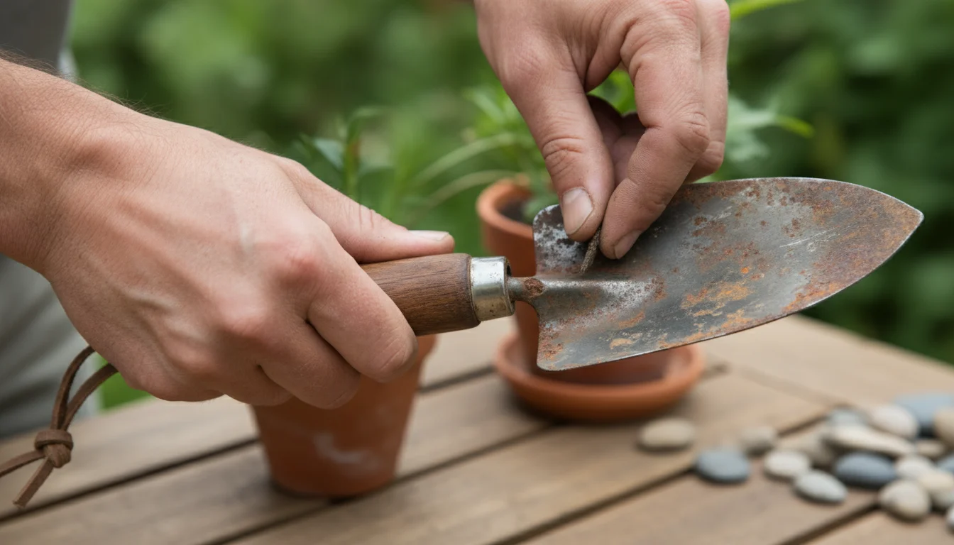A person's hands carefully inspecting the handle of a well-used garden trowel for looseness on a wooden patio table.