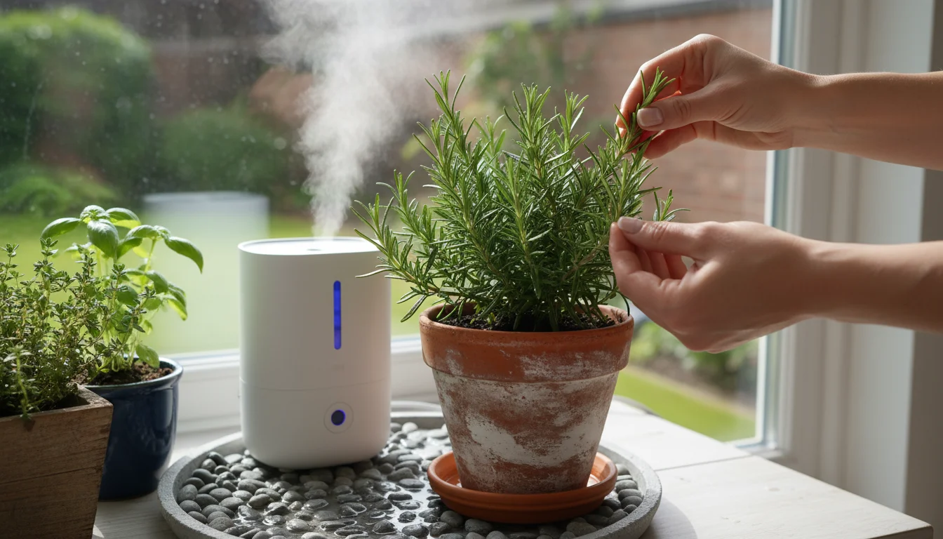 Person's hands inspecting the underside of a rosemary plant leaf on a windowsill with a humidifier and pebble tray in a small indoor garden.