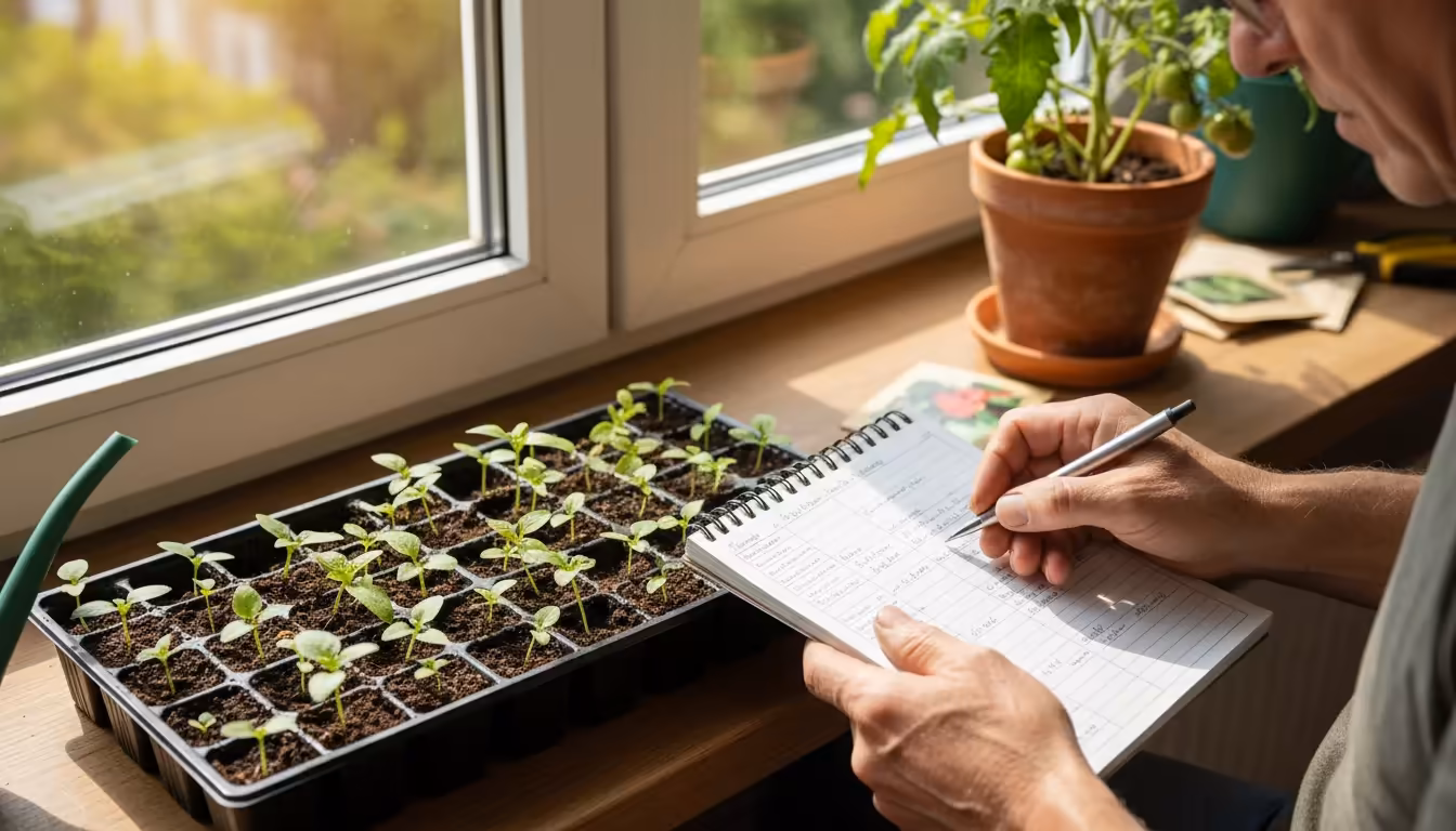 Close-up of a person's hands inspecting vibrant young basil seedlings in a tray on a windowsill, with a small logbook and pen. A separate, older tomat
