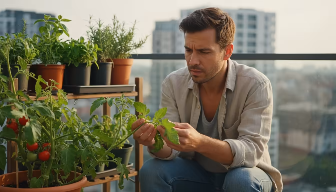 A person's hands intently inspect the underside of a tomato plant leaf in a terracotta pot on an urban balcony.
