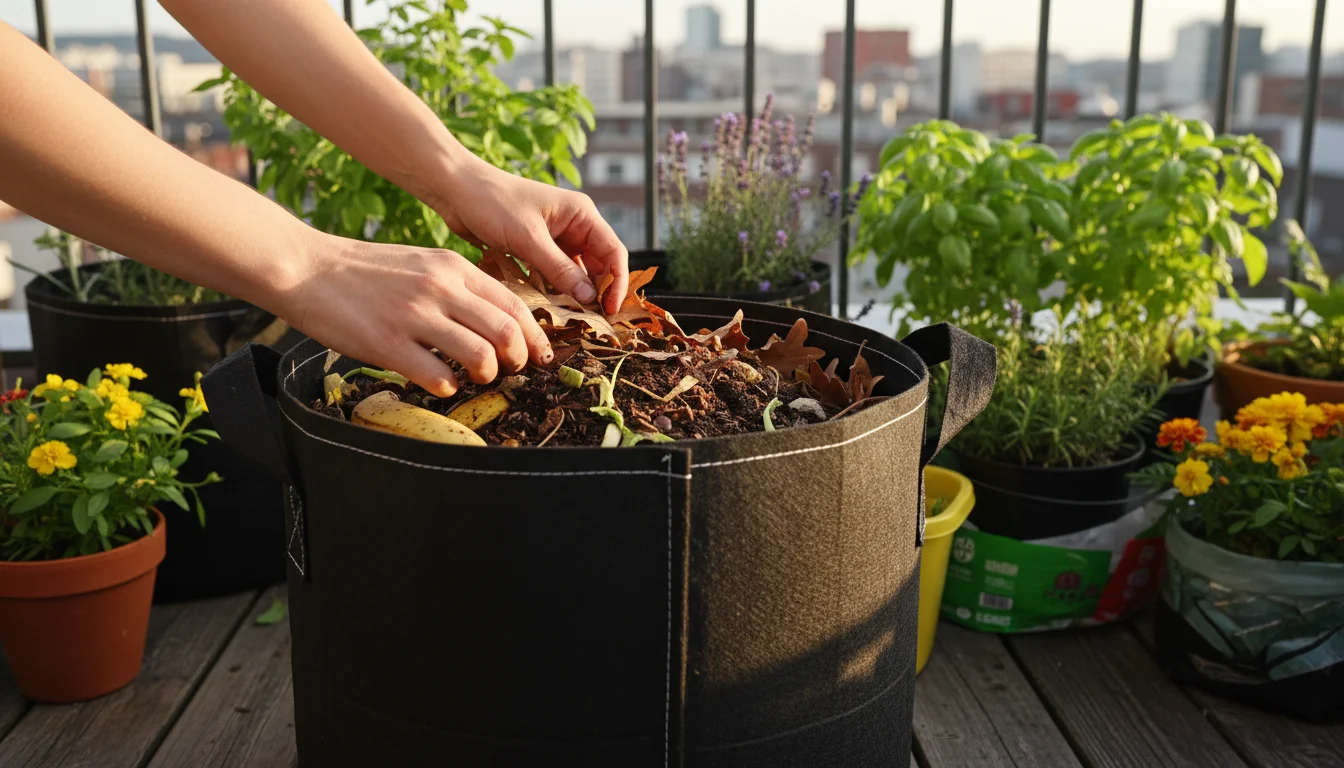 Person's hands layering autumn leaves and kitchen scraps into a tall fabric grow bag on a small urban balcony with other potted plants.