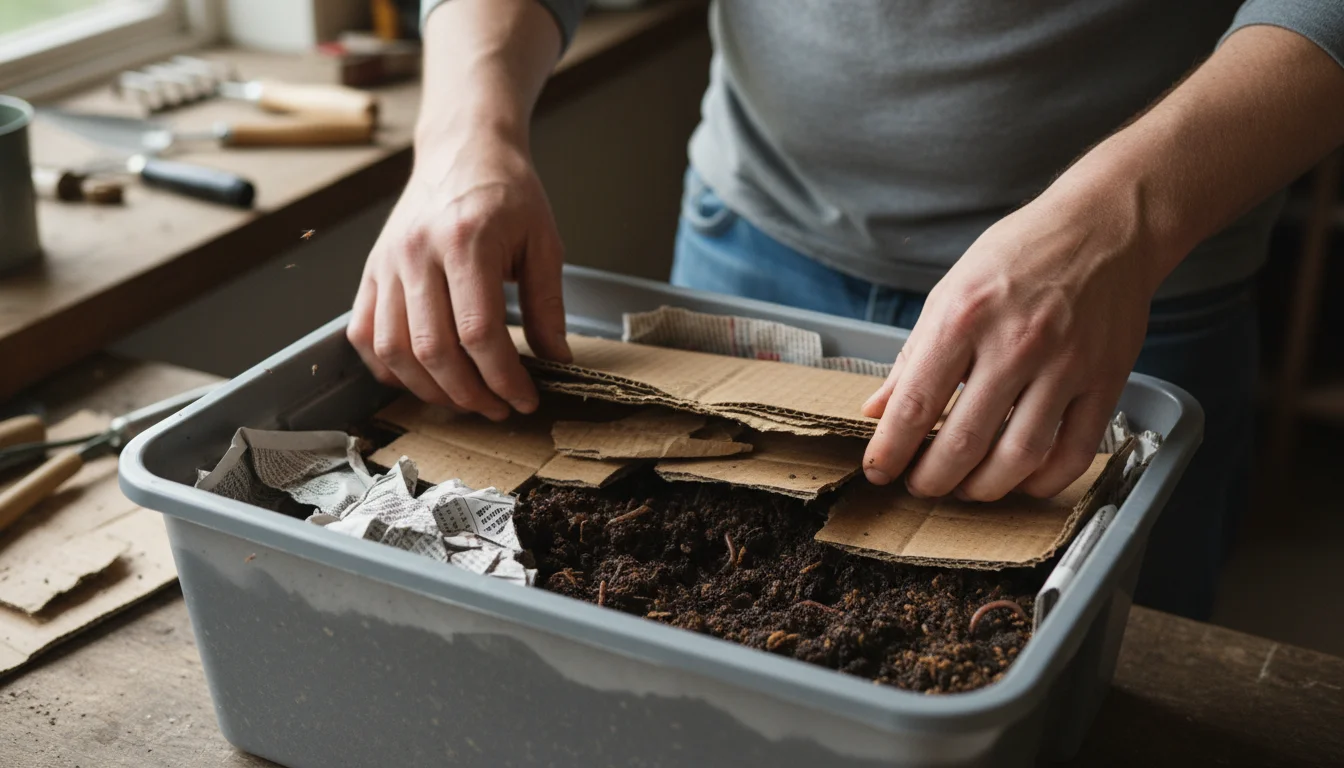 Person's hands layering torn cardboard and shredded paper onto damp soil in a small grey worm bin on a wooden table.