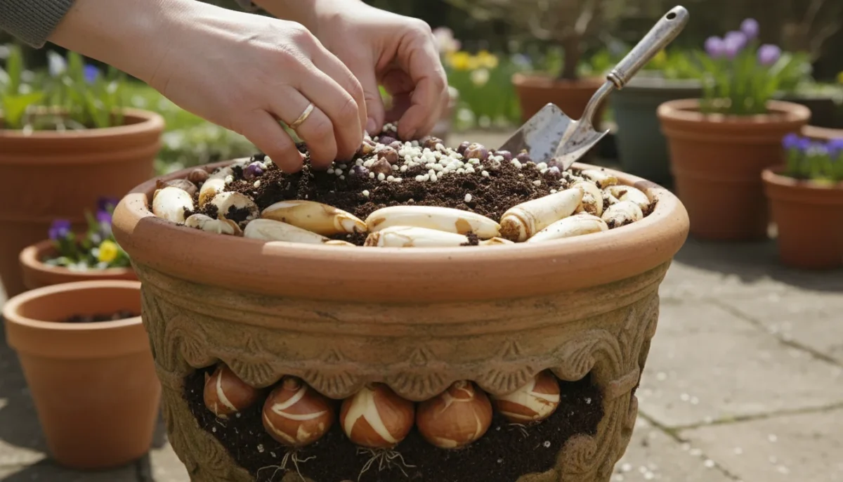 Person's hands layering various spring-flowering bulbs in a terracotta pot on a sunny patio, showing different bulb sizes in layers.
