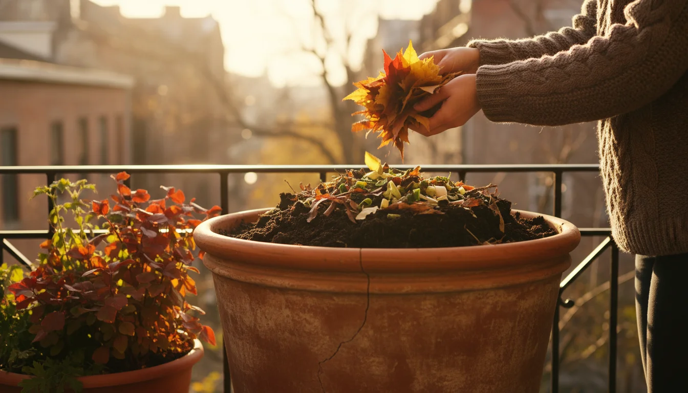 A person's hands gently layering vibrant autumn leaves into a terracotta pot on an urban balcony, showing visible compost layers.