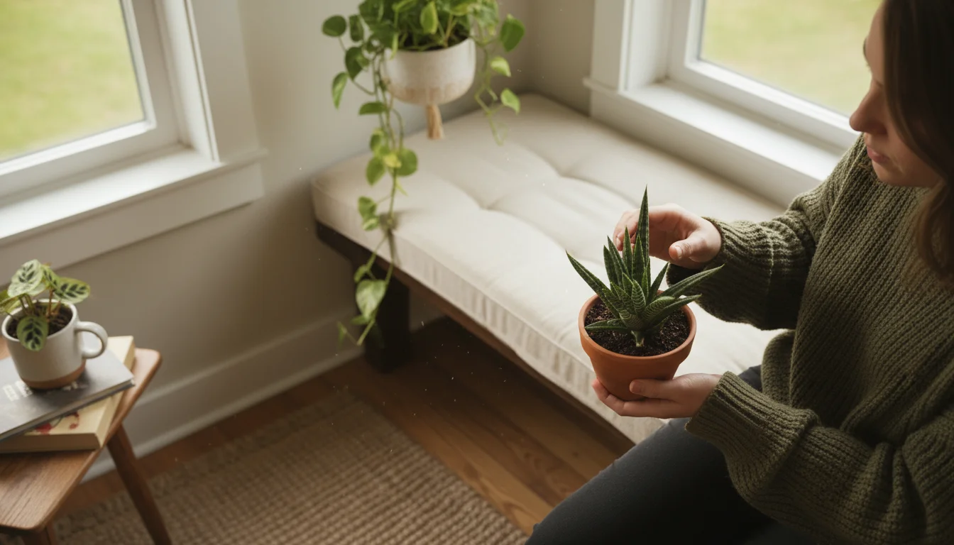 Person's hands gently examining the leaves of a small potted houseplant on a window seat, with other plants and a journal nearby.