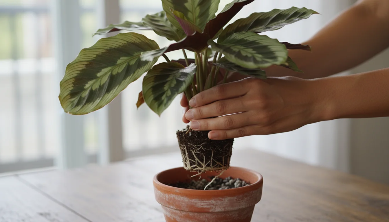 Person's hands gently lift a healthy Calathea plant slightly from its terracotta pot, revealing a few white roots.
