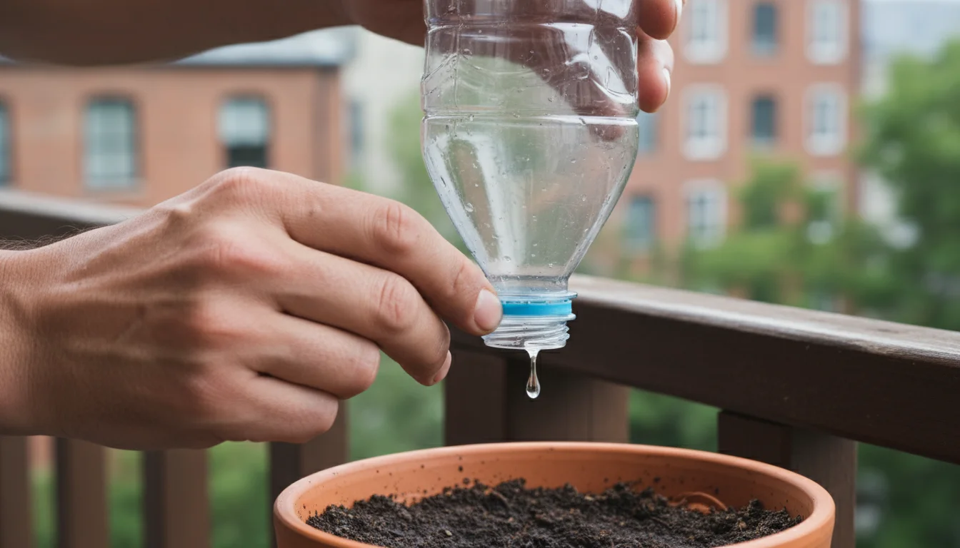 A person's hands lift an inverted plastic bottle drip waterer from a terracotta pot on a balcony, a single water drop emerging from the nozzle into th