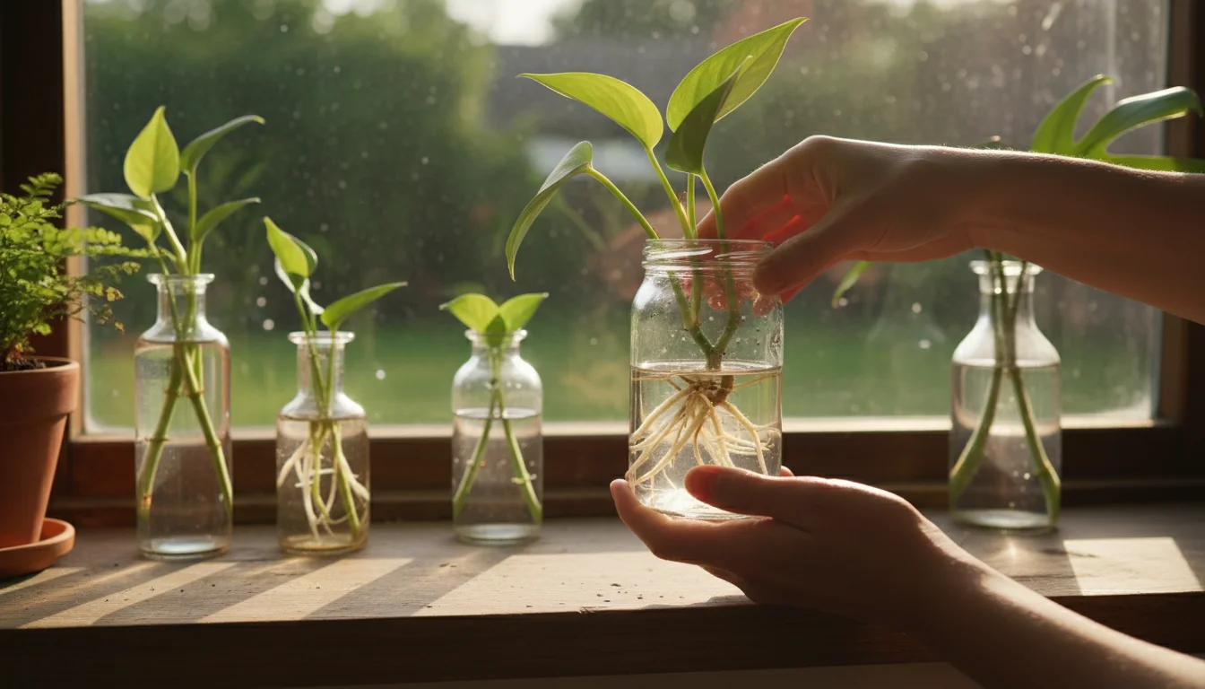Person's hands gently lift a clear jar with a Pothos cutting showing visible white roots on a sunlit windowsill.
