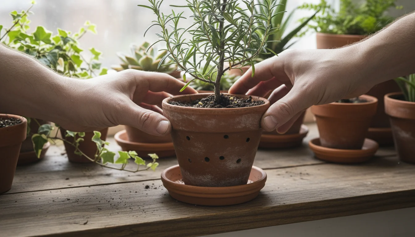 A person's hands lift a terracotta pot with a rosemary plant, showing the pot's bottom and an empty saucer for drainage.