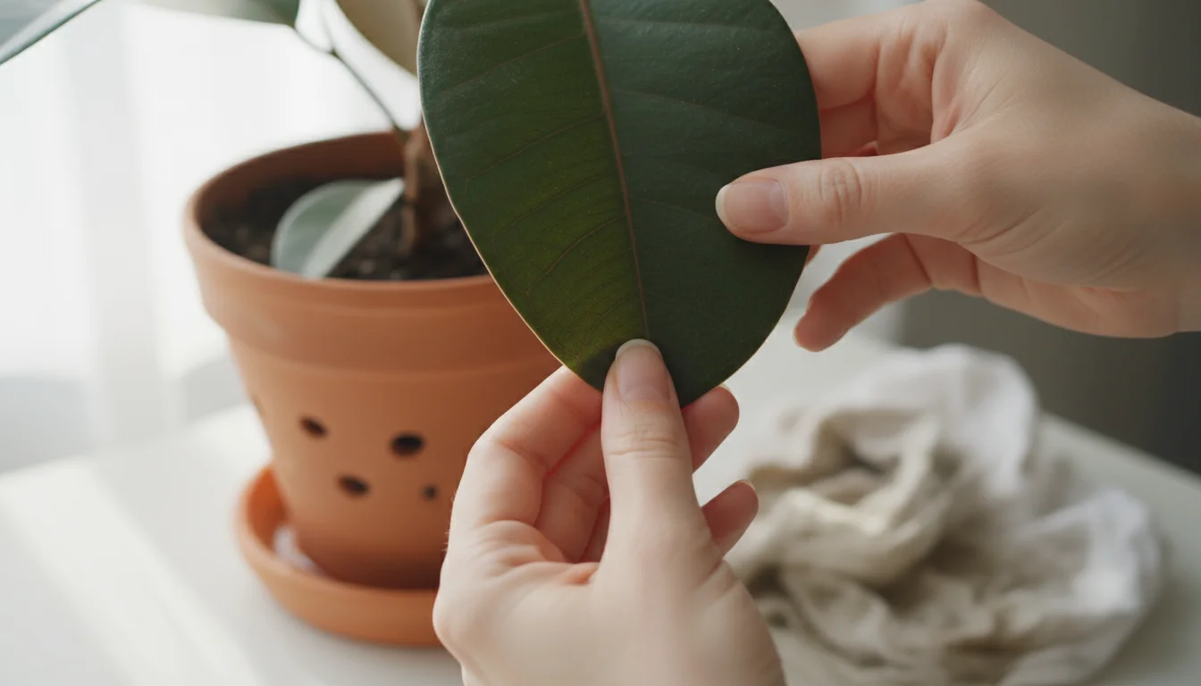 Person's hands gently lifting a large green Ficus elastica leaf to inspect its underside, with a terracotta pot and cloth in the background.