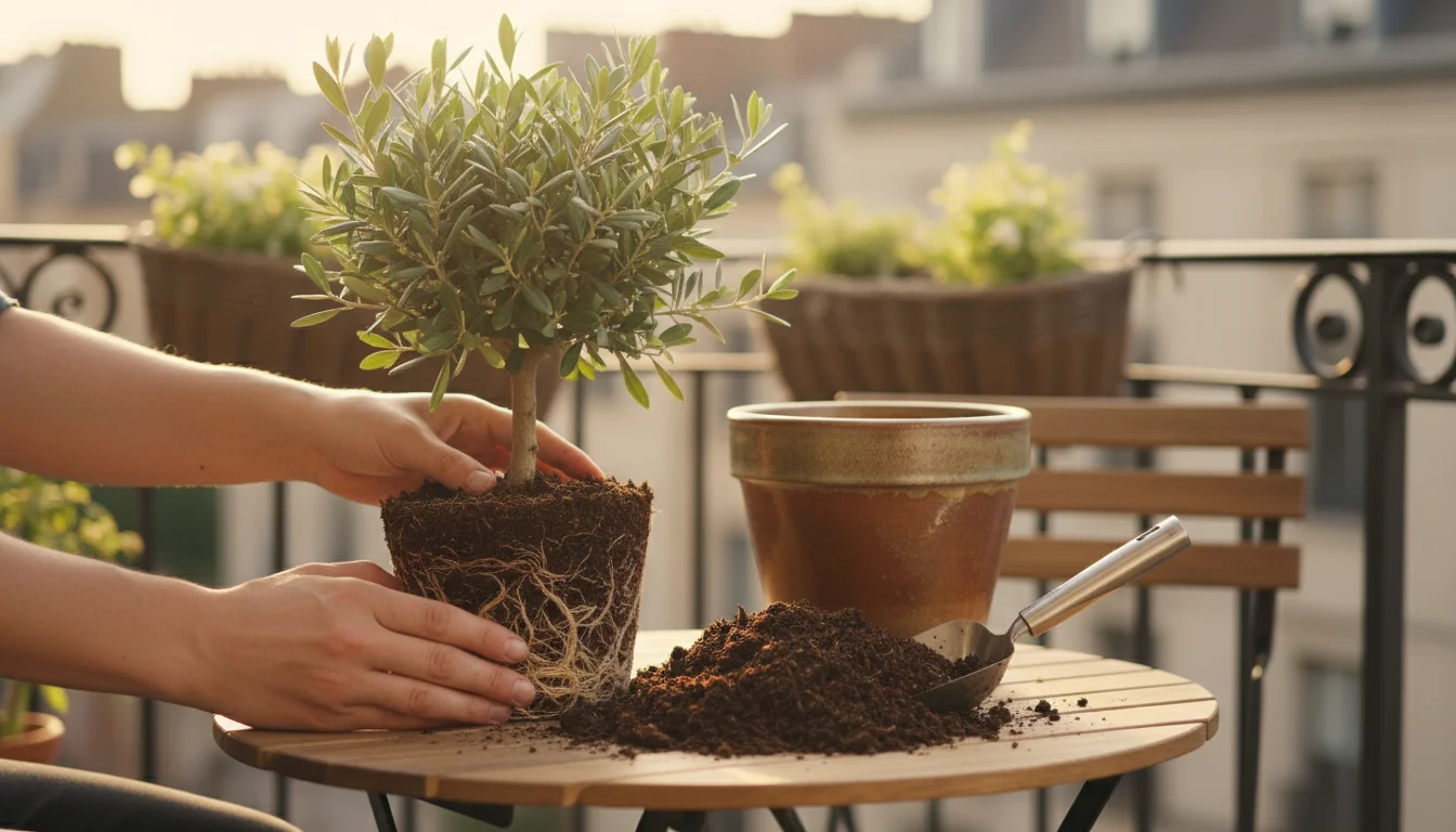 Person's hands gently lifting a small dwarf olive tree from its pot, revealing roots, with sustainable potting mix on a table.