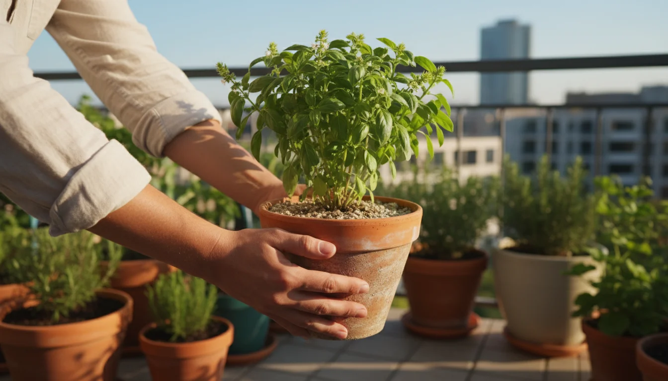 A person's hands lifting a small terracotta pot containing a vibrant green leafy herb on a sun-drenched urban balcony, surrounded by other container p