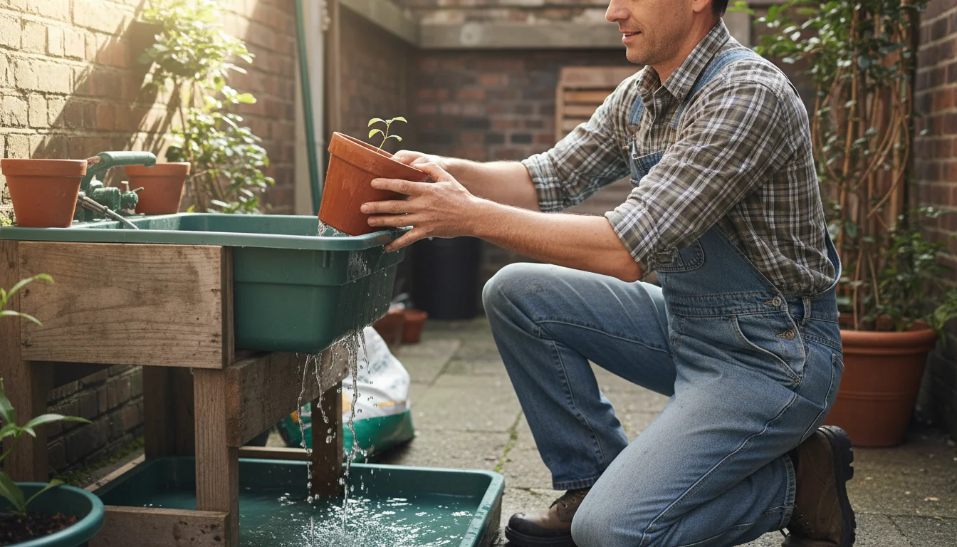 Person's hands lifting a wet terracotta pot from a basin, holding a stiff brush, with other pots soaking.