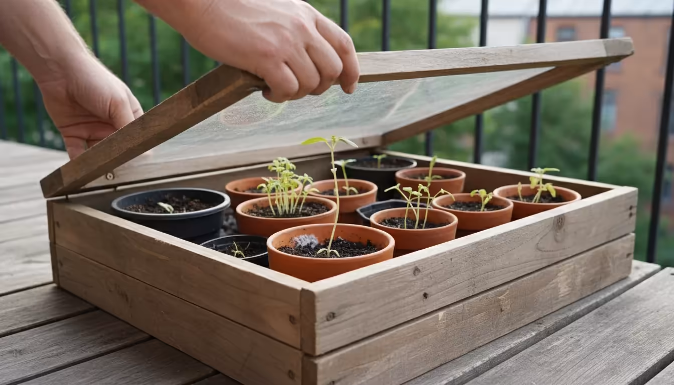 Person's hands lifting a wooden cold frame lid, revealing pale, leggy seedlings with subtle fungal growth in pots on a balcony.