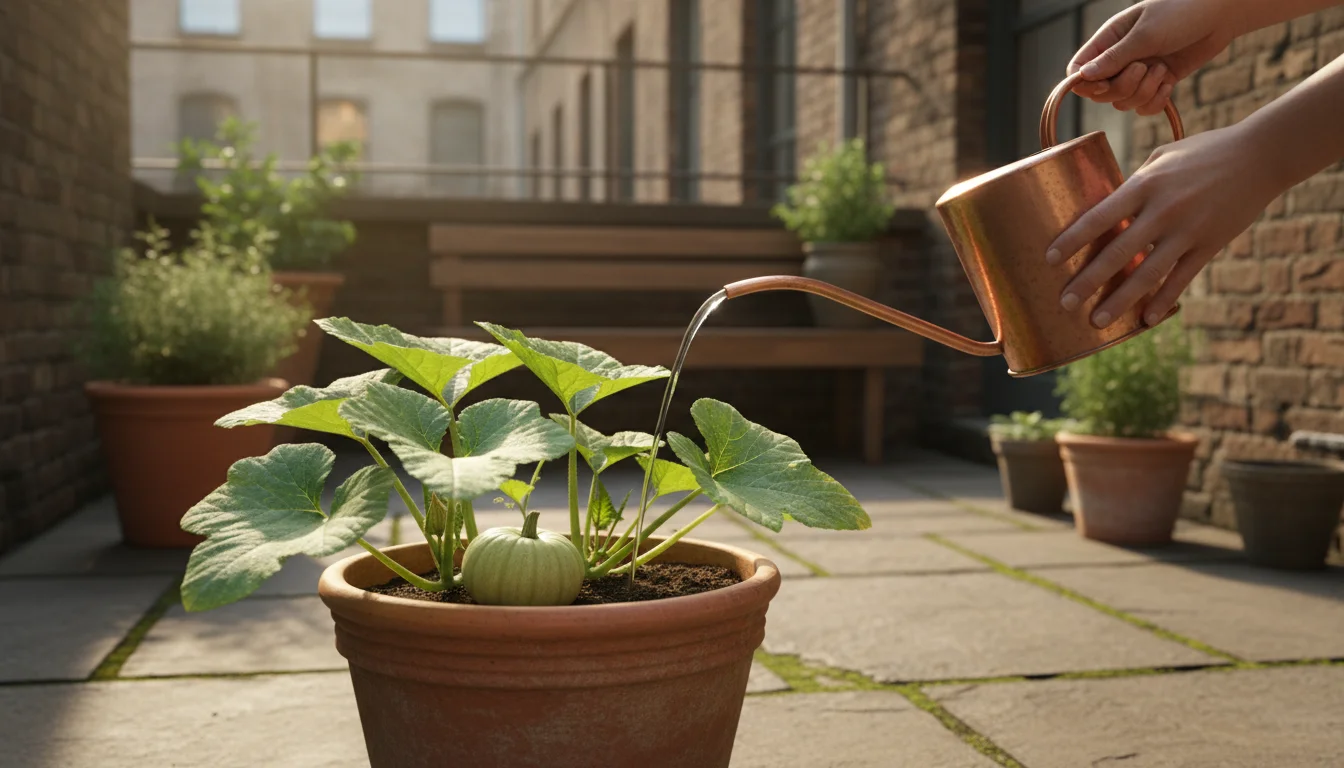 Person's hands with a long-spouted watering can precisely water the base of a pumpkin plant in a terracotta pot on a patio. Water drains from the pot.
