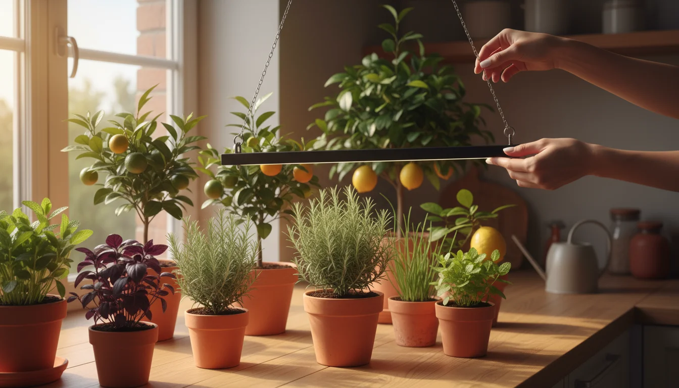 A person's hands carefully lower an adjustable LED grow light closer to a potted herb on a small kitchen counter, surrounded by other container plants
