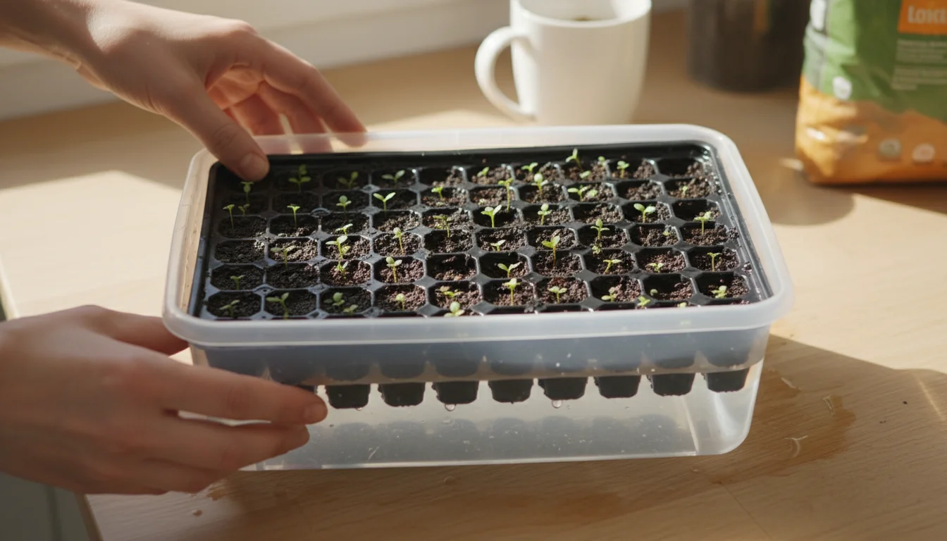 Person's hands lower a compact seedling tray with small green sprouts into a shallow basin of water on a kitchen counter.