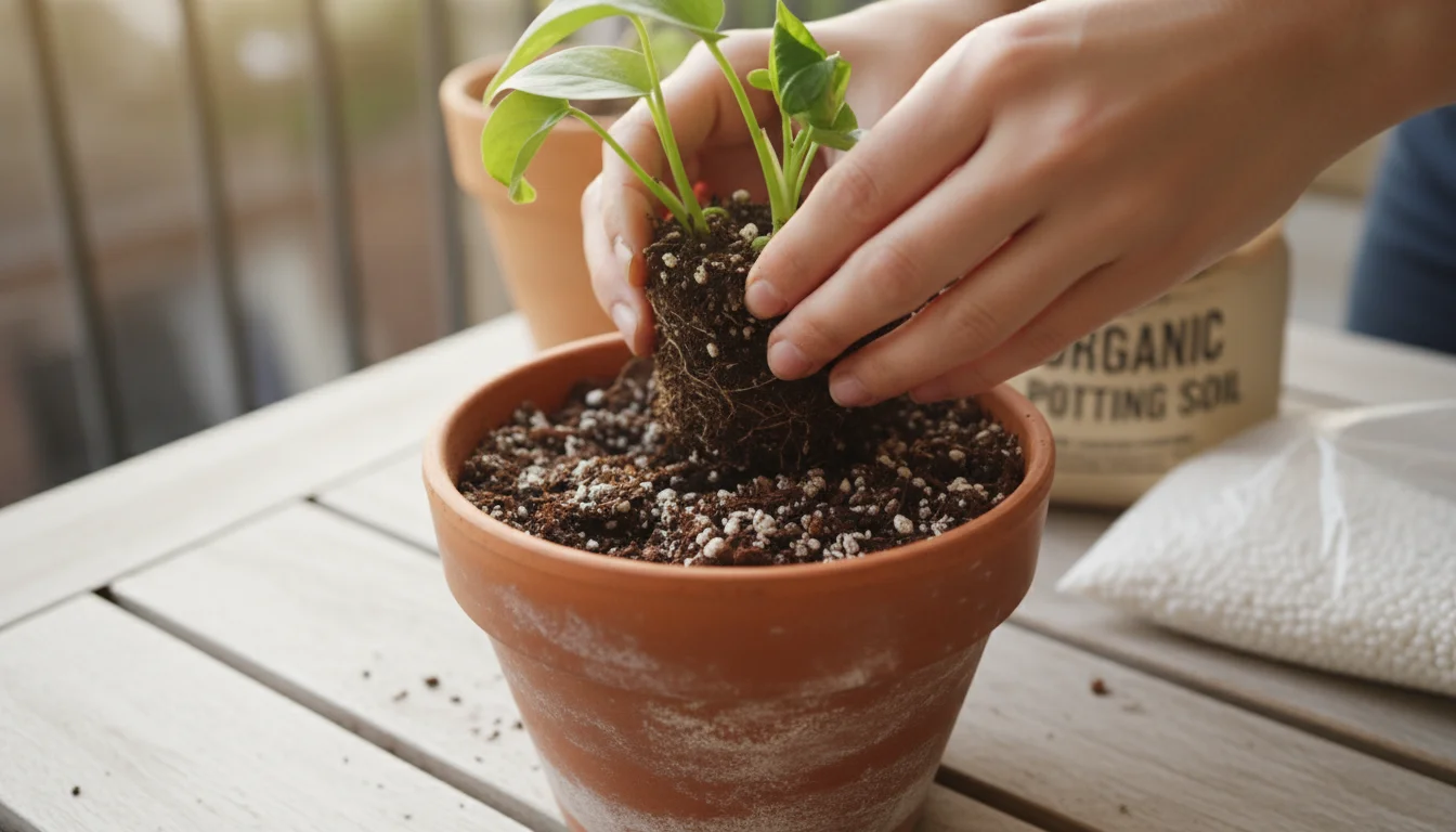Person's hands gently lowering a small plant into a fresh terracotta pot filled with new potting mix on a wooden table.