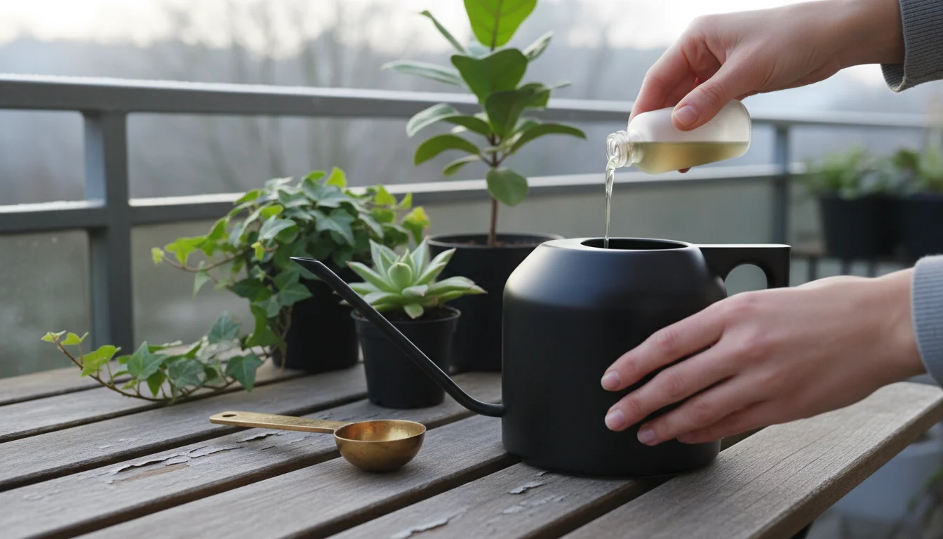 A person's hands carefully measure clear liquid plant food from a small bottle into a stylish grey watering can on a wooden table.