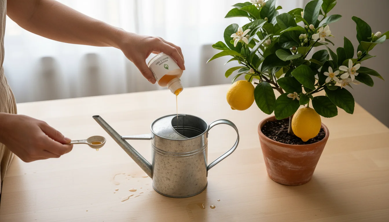 Person's hands carefully measuring liquid fertilizer from a bottle into a watering can next to a potted dwarf lemon tree indoors.