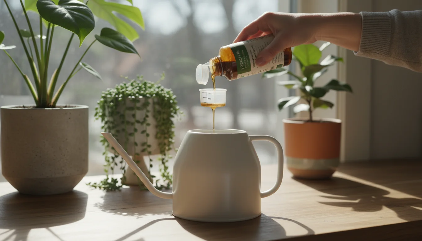 Person's hands carefully measuring liquid houseplant fertilizer into a cap over a watering can, with potted houseplants blurred in the background.