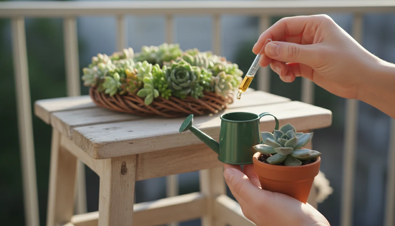 Person's hands carefully measuring a small drop of liquid fertilizer into a compact watering can on a balcony, with a succulent wreath in the backgrou