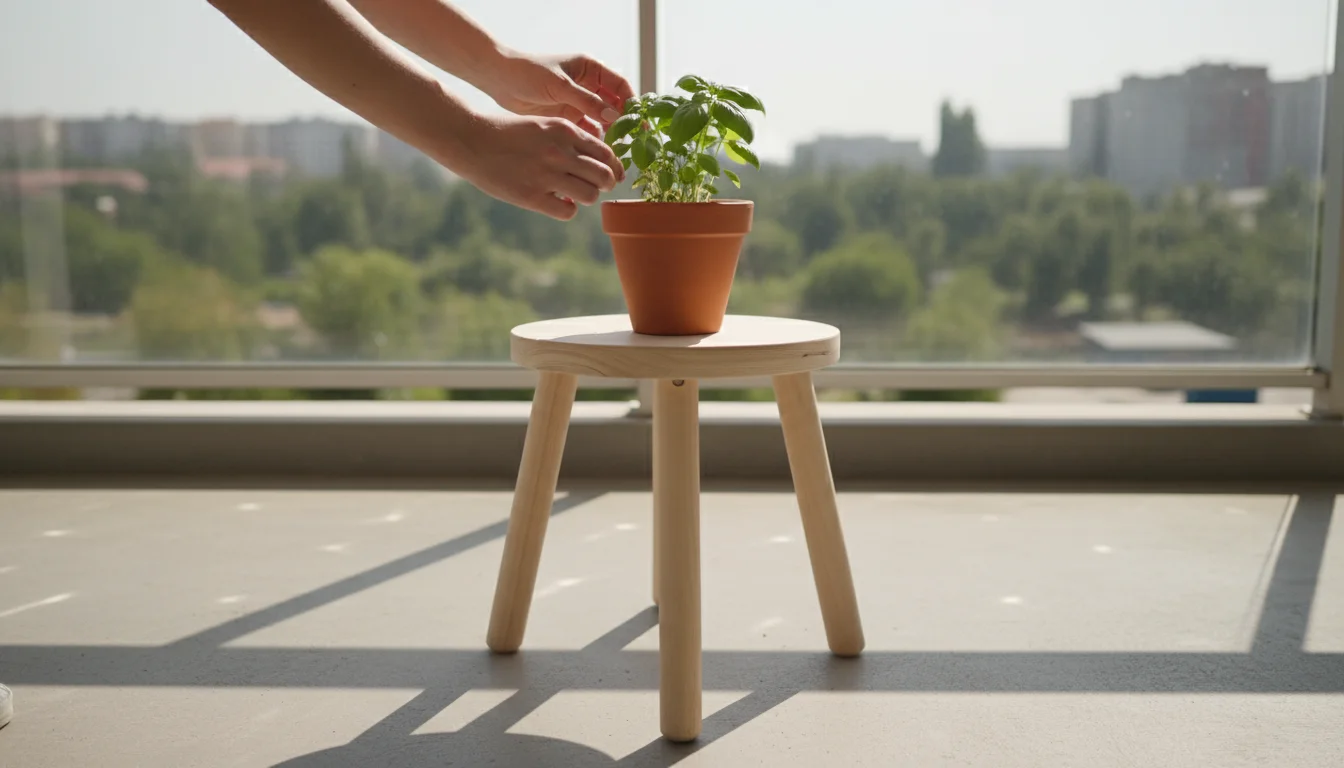 Person's hands meticulously inspect a small potted plant isolated on a stool on a sunny balcony, away from other thriving container plants.