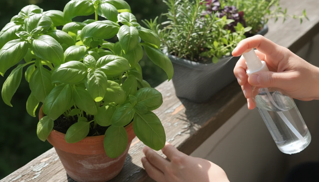 A person's hands gently mist the underside of a potted basil plant on a sun-dappled balcony railing, with other container herbs in the background.