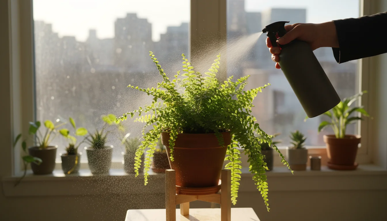 A person's hands gently mist a vibrant Boston fern in a terracotta pot by an apartment window, with morning light.