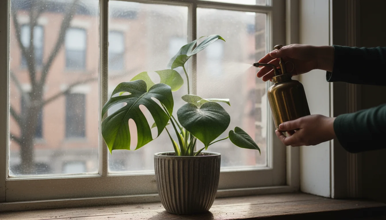 Person's hands gently misting the bright green leaves of a small houseplant in a grey pot on a windowsill.