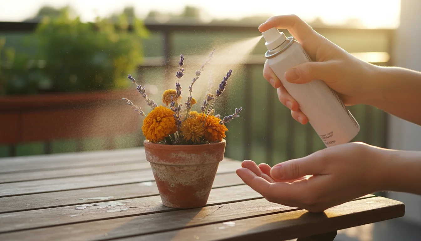 Person's hands gently misting dried marigolds and lavender in a terracotta pot with hairspray on a wooden table.