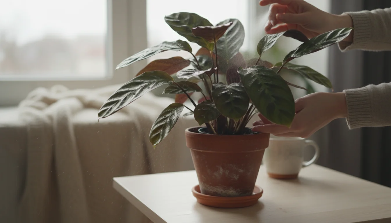 A person's hands gently misting the glossy leaves of a potted Calathea plant indoors, bathed in soft winter light.