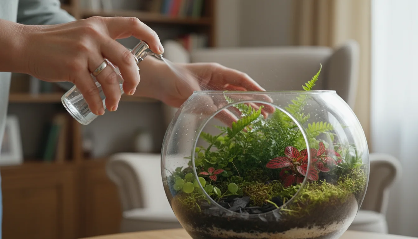 Person's hands gently misting a healthy tabletop terrarium filled with lush mini-plants and moss in soft indoor light.