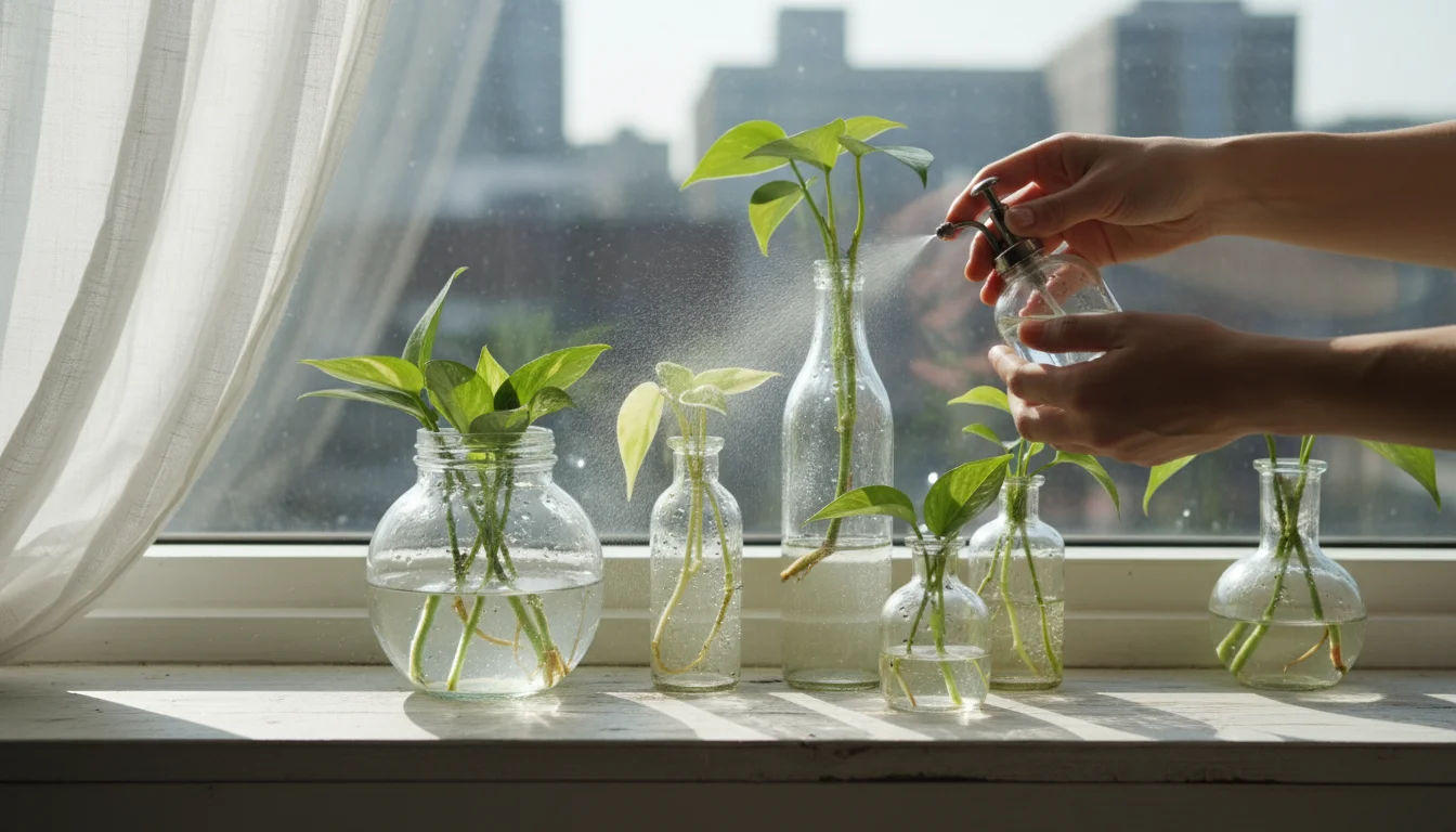 Person's hands gently misting clear jars filled with various plant cuttings on a windowsill bathed in soft, diffused light, with a blurred urban backg