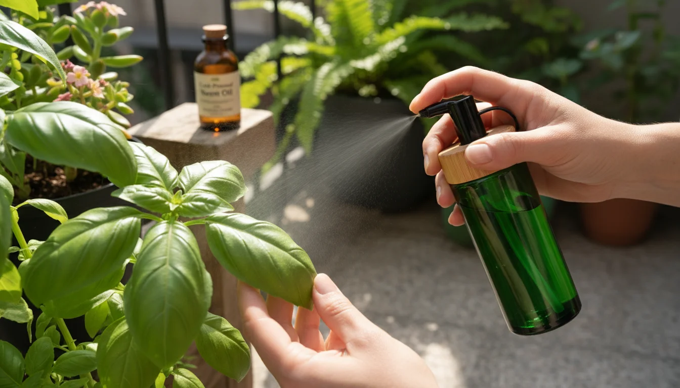 A person's hands misting a potted basil leaf on a sunny balcony, with a neem oil bottle visible.