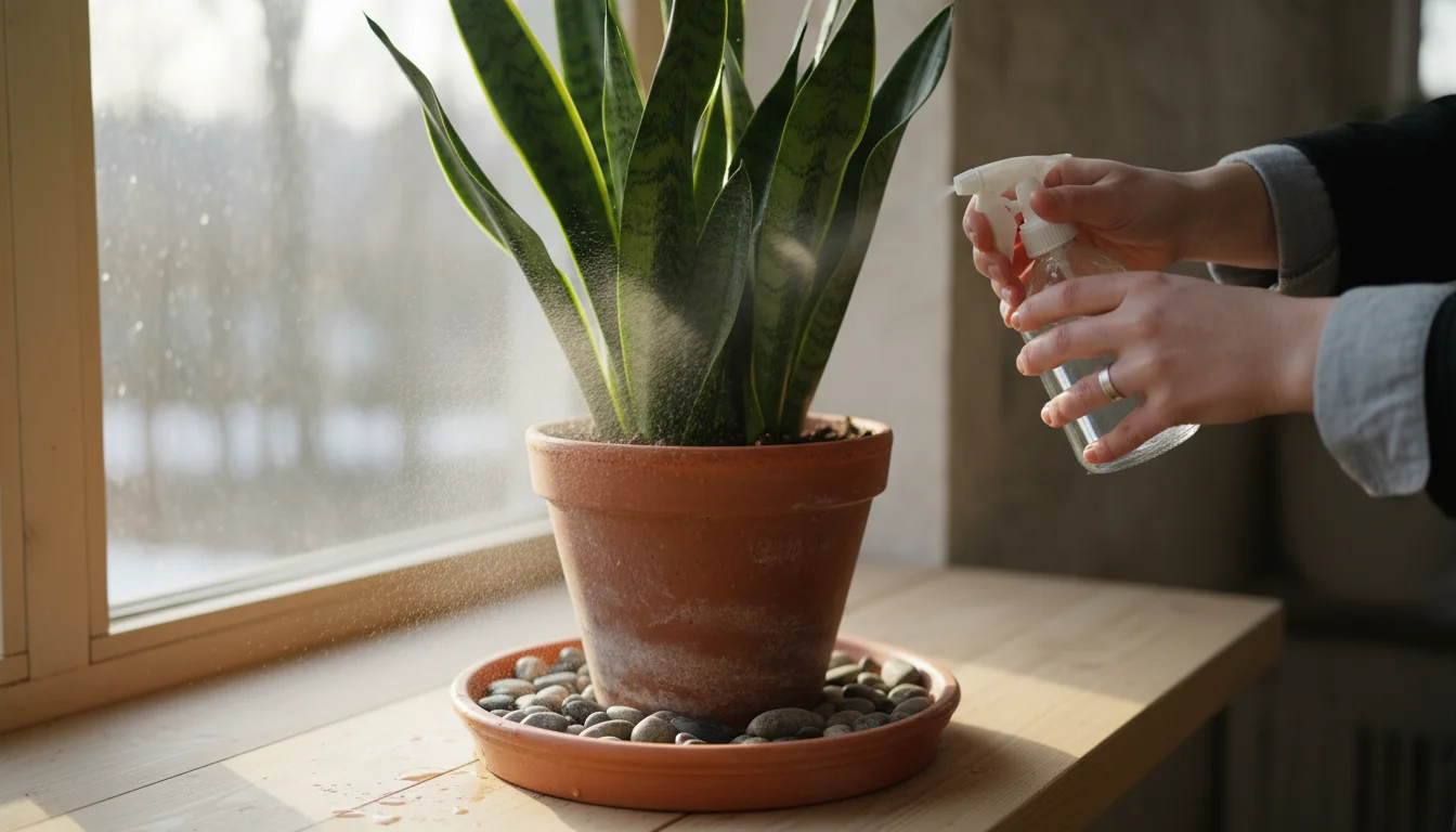 Person's hands gently misting a tall, potted Snake Plant on a wooden shelf, with water droplets visible on leaves.